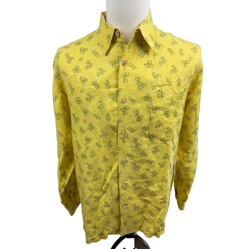 Tommy Bahama Yellow Linen Silk Floral Long Sleeve Shirt Mens Large